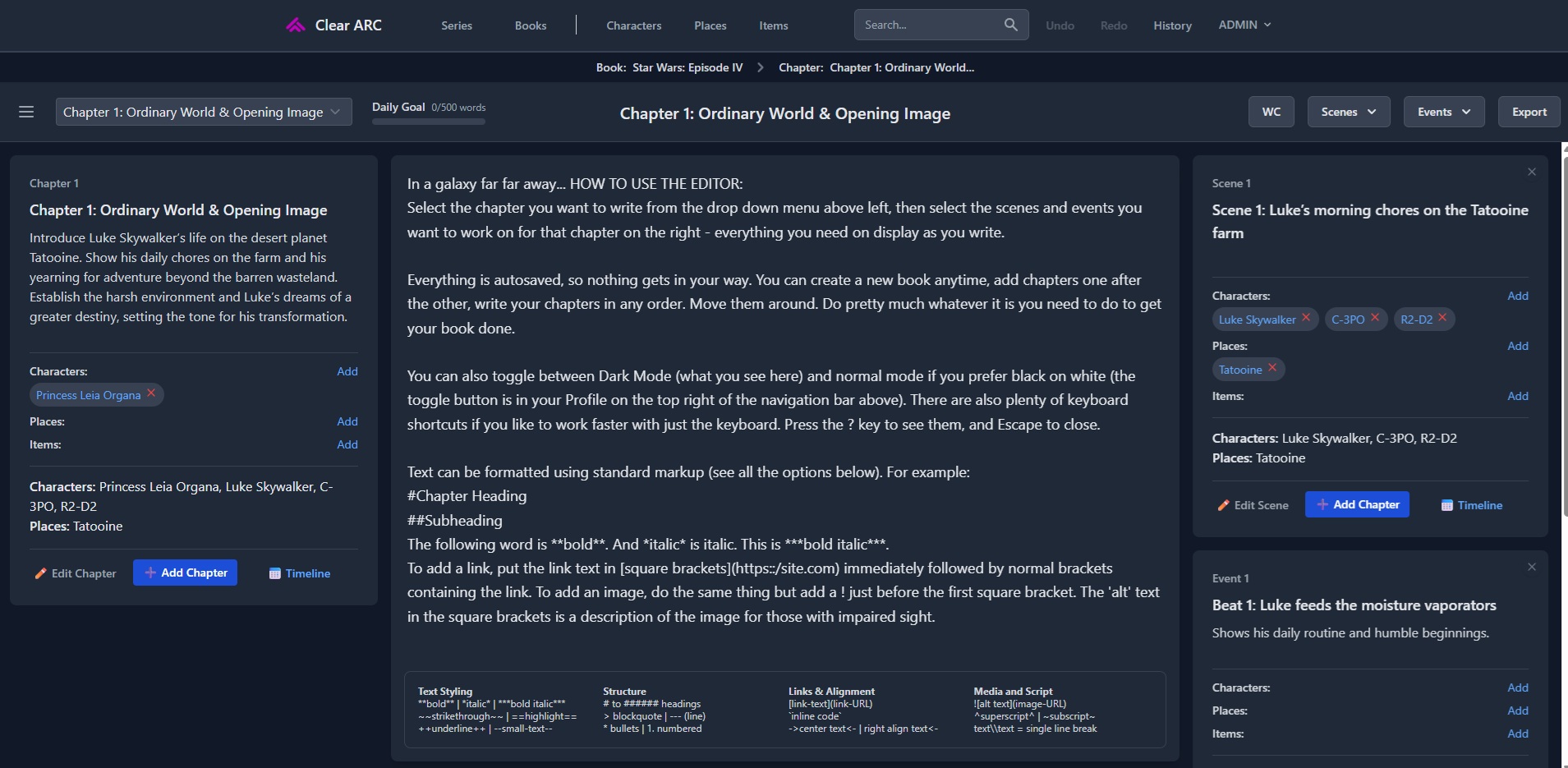 Split-screen writer with manuscript on left and chapter notes on right
